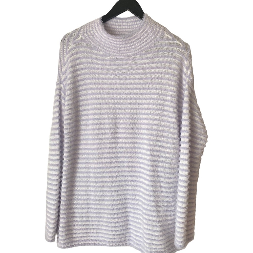 Chico's Zenergy Women Cozy Striped Mock Neck Sweater Purple /White. Sz 0